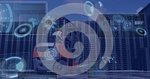 Image of data processing with scope scanning over caucasian worker in warehouse