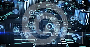 Image of data processing with scope scanning over computer circuit board on black background