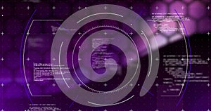 Image of data processing and scope scanning on pink and black background