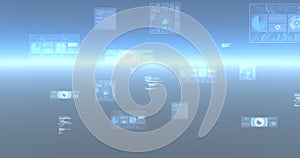 Image of data processing and scopes scanning on screens over glowing blue background