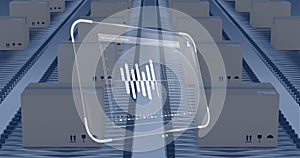 Image of data processing on screen over cardboard boxes on conveyor belts