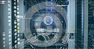 Image of data processing on screen over computer wires