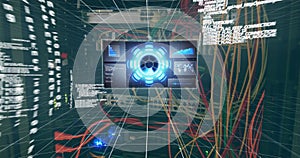 Image of data processing on screen over computer wires