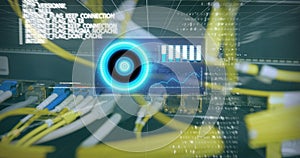 Image of data processing on screen over computer wires