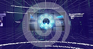 Image of data processing on screens over tech room with computer servers