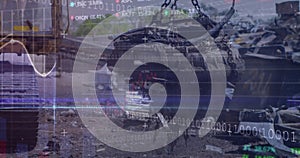 Image of data processing and security icons over cityscape