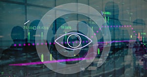 Image of data processing and shapes over diverse business people silhouettes