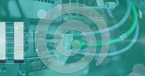 Image of data processing and spots of light against close up of a computer server