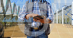 Image of data processing and statistics over biracial engineer using tablet