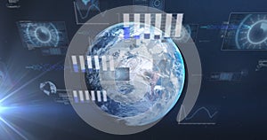 Image of data processing and statistics over globe on blue background