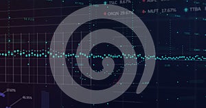 Image of data processing and statistics over grid on blue background