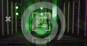 Image of data processing and statistics recording over green lights of computer servers