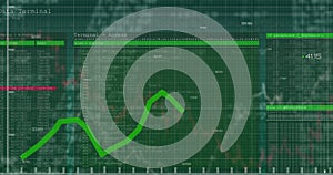 Image of data processing and text over green lights of computer server