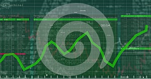Image of data processing and text over green lights of computer server