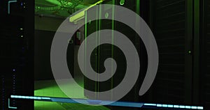 Image of data processing and text over green lights of computer server