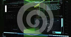 Image of data processing and text over green lights of computer server