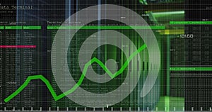 Image of data processing and text over green lights of computer server