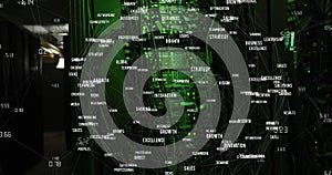 Image of data processing and text over green lights of computer server