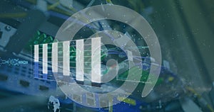 Image of data processing and white particles spinning against close up of computer server