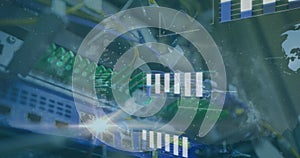 Image of data processing and white particles spinning against close up of computer server