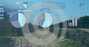Image of data processing, world map and diagrams over landscape