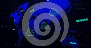 Image of data processing and world map over digital clouds
