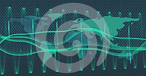 Image of data processing and world map over green background