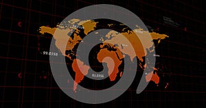Image of data processing and world map over grid network against black background