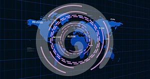 Image of data processing and world map over scope scanning