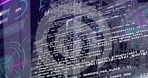 Image of data processing and world map over server room