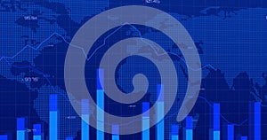 Image of data processing with world map and shapes over blue background