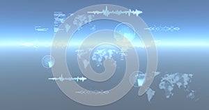 Image of data processing, world maps and scopes scanning over glowing blue background
