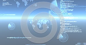 Image of data processing, world maps and scopes scanning over glowing blue background