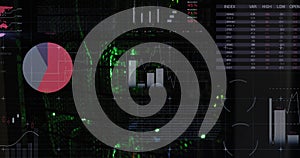 Image of data and statistics processing over green lights of computer servers