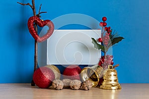 Decoration for Christmas and New Year Greeting Card With Two Decorative Balls, Christmas Bell and Walnuts
