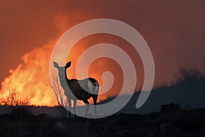 Image of deer in the midst of wildfires and smoke. Wildlife Animals. Illustration. Generative AI