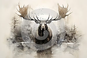 Image of a deer moose in the pond in the forest with a scary atmosphere, Wildlife Animals., Generative AI, Illustration