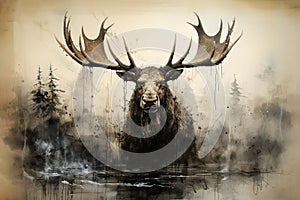 Image of a deer moose in the pond in the forest with a scary atmosphere, Wildlife Animals., Generative AI, Illustration