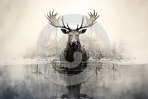 Image of a deer moose in the pond in the forest with a scary atmosphere, Wildlife Animals., Generative AI, Illustration