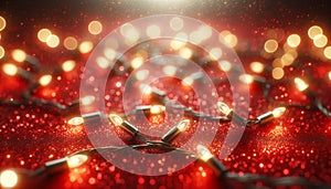 An image of defocused vintage lights on a bright red glitter background.