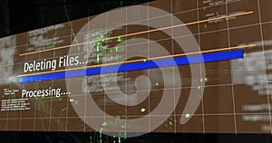 Image of deleting files, processing text on interface over server room