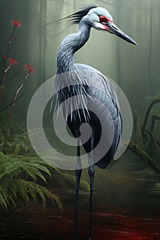 Image of demoiselle crane foraging in the forest, Bird, Wildlife Animals., Generative AI, Illustration