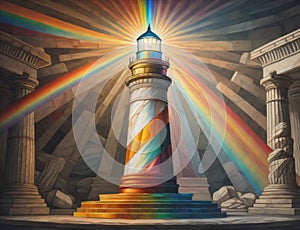Image demonstrating a lighthouse casting a variety of colors, indicative of concepts such as hope, joy, and variegation