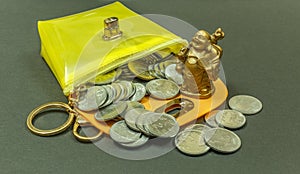 IMAGE DEPICTING THE FINANCIAL SITUATION SEEN WITH COINS INSIDE A PURSE WITH LAUGHING BUDDHA. WITH SELECTIVE FOCUS ON THE SUBJECT.