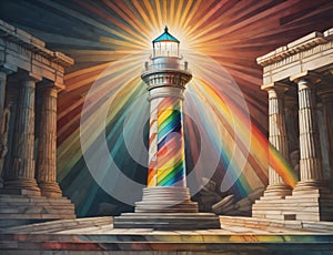 Image depicting a lighthouse casting a spectrum of light, resonating with notions of optimism, joyfulness, and variation