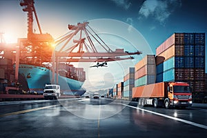 An image depicting logistics with a container truck, ship in port, and airplane for import,export industry.by Generative