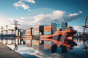 An image depicting logistics with a container truck, ship in port, and airplane for import,export industry.by Generative