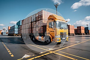 An image depicting logistics with a container truck, ship in port, and airplane for import,export industry.by Generative