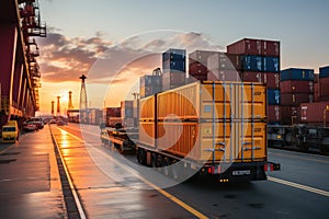 An image depicting logistics with a container truck, ship in port, and airplane for import,export industry.by Generative