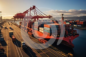 An image depicting logistics with a container truck, ship in port, and airplane for import,export industry.by Generative